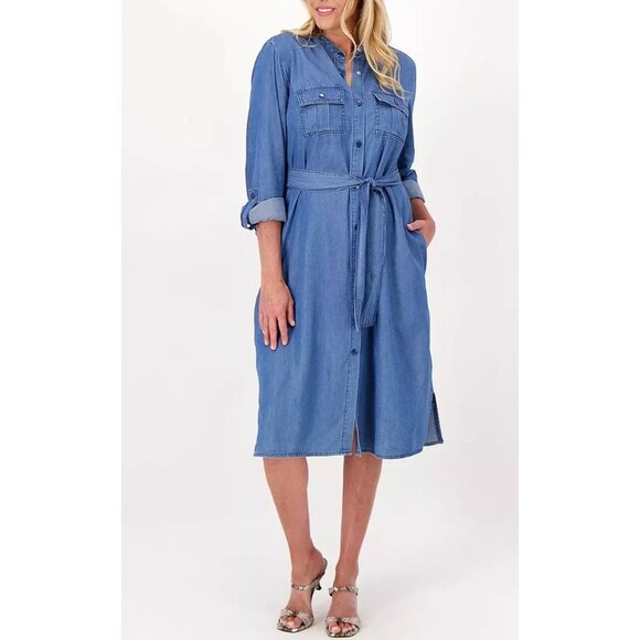 Laurie Felt XS Denim Shirt Dress Snap-button Closure Belted Pockets - Picture 1 of 11